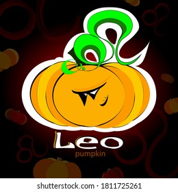 Halloween illustration on a black and red background with pumpkins and astrological horoscope symbols. Vector illustration. Cartoon pumpkin sticker Leo. Zodiac sign Leo.