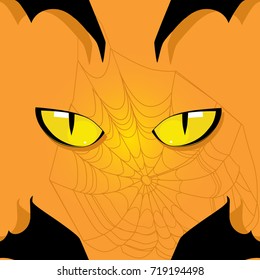 Halloween illustration on an orange background in the form of cat eyes, bat and lips with fangs