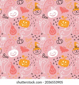 Halloween illustration on pink background. Cute seamless pattern for  kids fabric, wrapping, textile, wallpaper, apparel. Vector.