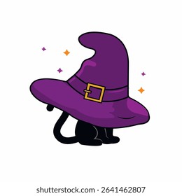 Halloween illustration on a white background with a cat hidden under a witch's hat