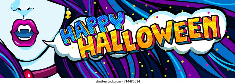 Halloween Illustration. Open Blue Mouth With Fangs And Halloween Party Message In Pop Art Style. Vector Illustration.