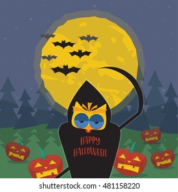 Halloween illustration with owl in the image of death with a scythe. 
Dark forest, pumpkins, bats and the moon on a background of the starry sky
