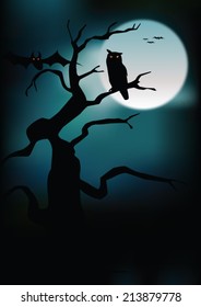 Halloween illustration owl on moon background. Vector art eps10