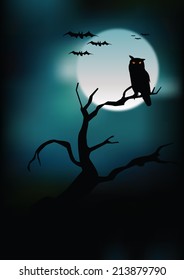 Halloween illustration owl on moon background. Vector art eps10