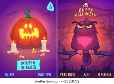 Halloween illustration owl on a tree branch in the cemetery and pumpkin with sweets. Vector set of happy halloween vintage badges, logos emblems and labels. Vector stock illustration.