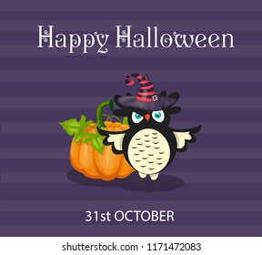 Halloween illustration with an owl and pumpkin, vector