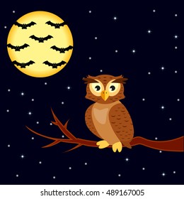 Halloween illustration owl silhouette on moon background with bats. Greeting card.