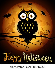 Halloween illustration owl silhouette on moon background. Check my portfolio for raster version.