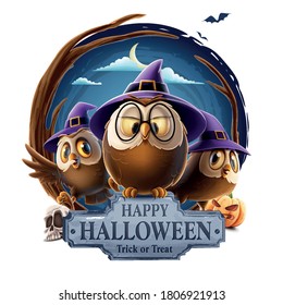 halloween illustration with owls sorcerers in the circle