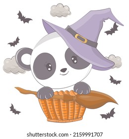 Ilustración de Halloween de un panda con una escoba. Ilustración vectorial del animal de Halloween. Pequeña ilustración de Halloween: oso para niños, cuentos de hadas, cubiertas, ducha de bebé, textiles, libro de bebés.