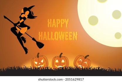Halloween illustration for halloween party background and invitation, hand drawn vector halloween illustration with witch and cute scary pumpkin, halloween  illustration with giont moon on background.