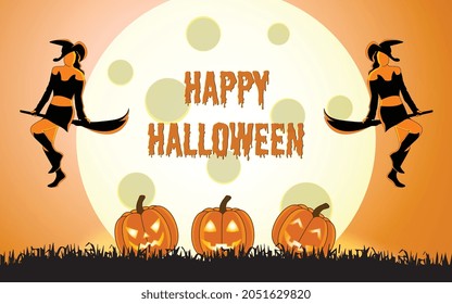 Halloween illustration for halloween party background and invitation, hand drawn vector halloween illustration with witch and cute scary pumpkin, halloween  illustration with giont moon on background.