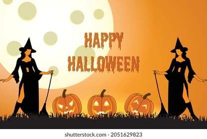 Halloween illustration for halloween party background and invitation, hand drawn vector halloween illustration with witch and cute scary pumpkin, halloween  illustration with giont moon on background.