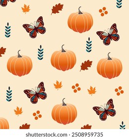 Halloween Illustration Pattern with Colorful Butterflies, Pumpkins and Fall Leaves.