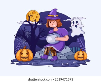 Halloween Illustration A person wearing a witch costume complete with a witch hat and sitting with a cauldron. 
Suitable for greeting card, invitation, postcard, social media, etc.