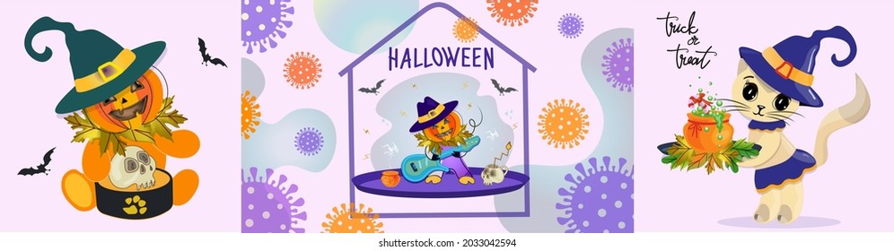 Halloween illustration in pink. Set. Halloween cat and pumpkin fashion trend. Funny Halloween characters during the coronavirus period. Vector illustration cartoon style