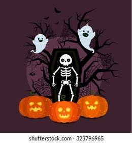Halloween illustration. Poster, flyer, banner or background for Halloween Party Night. Flat design, vector illustration.