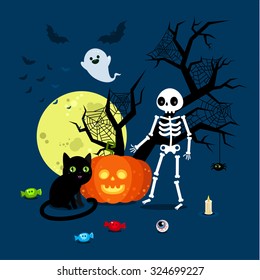Halloween illustration. Poster, flyer, banner or background for Halloween Party Night. Flat design, vector illustration.