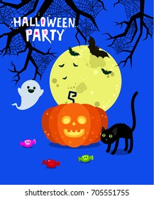 Halloween illustration. Poster, flyer, banner or background for Halloween Party Night. Flat design, vector illustration.