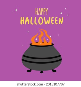 halloween illustration with pot of boiling potions, flat design, greeting card, vector illustration with pot of witch