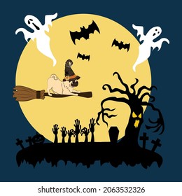 Halloween illustration with pug on witch broom in snowglobe with witch hat on the blue background