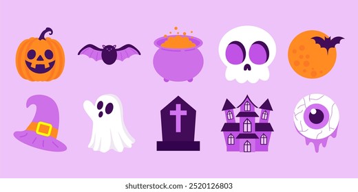 halloween  illustration, Pumpkin, Bat, Magic Trick, Dead Man Skull, Bat and Moon, Wizard Hat, etc, purple background