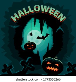 Ilustración de Halloween calabaza y murciélagos en el fondo de la cueva