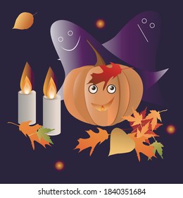 Halloween. Illustration with pumpkin, candels, ghosts and leaves.