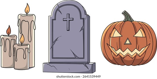 Halloween Illustration with Pumpkin, Candles, and Tombstone, Vector Art