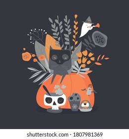 Halloweengrafik mit Kürbis und Katze auf schwarzem Hintergrund