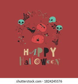 Halloween illustration with pumpkin and cat on red background
