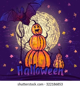 Halloween illustration with pumpkin character and bat on night sky background  