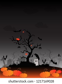 Halloween Illustration With a pumpkin, a crow, a bat, a grave, a graveyard, make a horrible feeling at night.