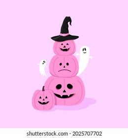 Halloween illustration with pumpkin and ghost on a pink background. Vector illustration