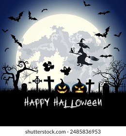 Halloween illustration with pumpkin, ghost, tomb and bats on full moon background. Vector illustration