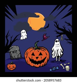 halloween illustration with pumpkin, ghost, tombstone 