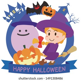 Halloween illustration of pumpkin ghost and witch