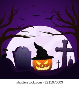 Halloween illustration of a pumpkin in a hat near a tombstone on the background of a big moon in purple colors
