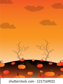 Halloween Illustration Pumpkin Hill and perennial plants die dry in the evening.
