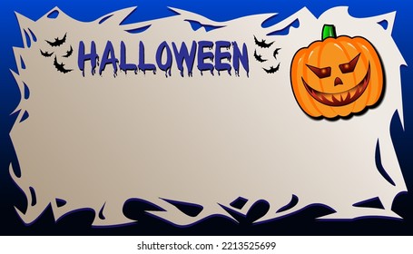 Halloween illustration with pumpkin Jack-o-Lantern, bats and background frame
