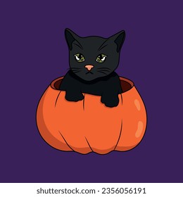 Halloween illustration with pumpkin and kitten