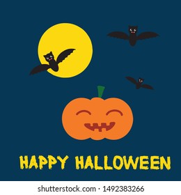 Halloween illustration with pumpkin, moon, bats and happy halloween lettering,  vector