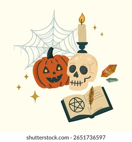 Halloween illustration with pumpkin, skull, candle, spell book, spider web, and stars in vintage style.Vector spooky design, seasonal cards, party invitation, magic themed projects. Witchcraft Decor