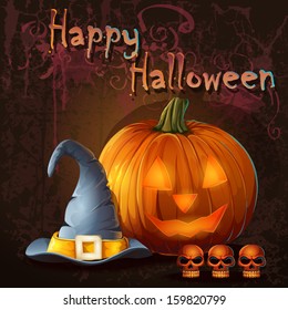 Halloween illustration with pumpkin, skull, cap