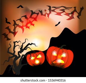 Halloween illustration with pumpkins, gnarled tree and bats.