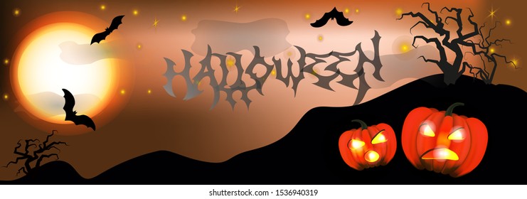 Halloween illustration with pumpkins, gnarled tree and bats.