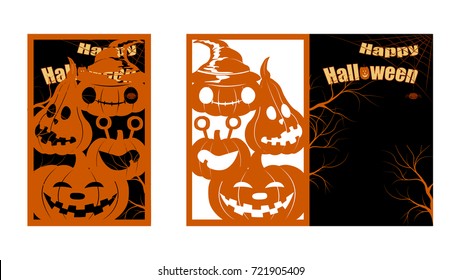 Halloween Illustration with Pumpkins for laser cut and invite cards. inscription - happy halloween