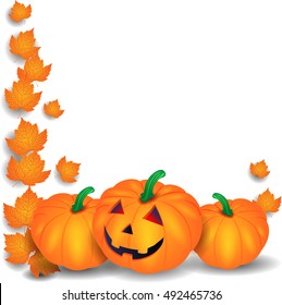 Halloween illustration with pumpkins and leaves on white background. Vector 