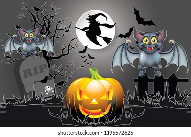 Halloween illustration of pumpkins at night with moon, ghost and bats on background, Halloween concept