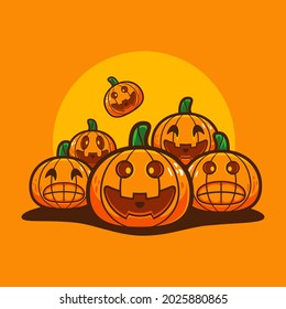 halloween illustration with pumpkins in smile expression. halloween social media background.